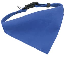 A blue Roco Bandana Pet Collar made from fabric with a collar attachment and a logo.