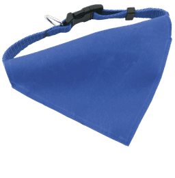 A blue bandana-style pet collar featuring an adjustable strap and a clip for secure fastening.