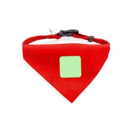 A red bandana pet collar featuring a spot for customisation, with a black fastening and adjustable design.