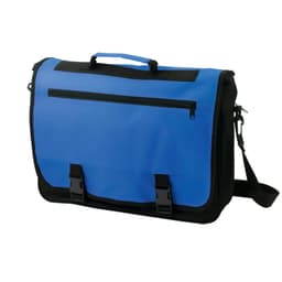 A blue and black messenger bag with a front zipper pocket and adjustable strap. It features a logo on the front.