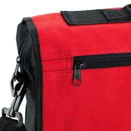 A red bag with black accents featuring a zipper and a shoulder strap attachment. It has a logo on the side.