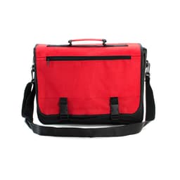 A red and black messenger bag with a shoulder strap and an exterior zippered pocket. It features a logo.