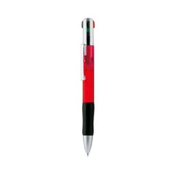 A red and black multifunction pen with a clip and a transparent barrel. It features various writing functions.