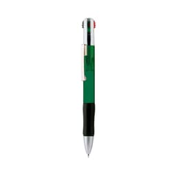 A green and black Multifour Pen featuring multiple writing modes and a clip for easy attachment. It has a logo.