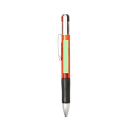 A multifunctional pen with a red barrel, black grip, silver accents, and a clip. It features a branding area.