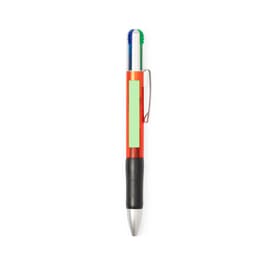 A multifunction pen featuring red, blue, and green inks, with a black grip and a silver clip.