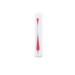 A white product holder with a red ribbon inside, designed for promotions and events. Features a branding logo.