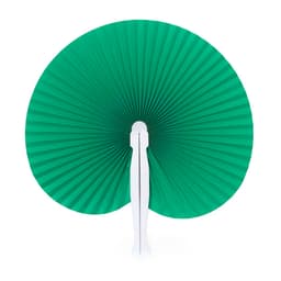 A green paper fan featuring pleated design and a white handle, suitable for various events.