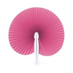 A pink paper fan with pleated design and a white handle, ideal for events and decorations.