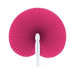 A fan with a bright pink pleated design and a white handle, suitable for events and exhibitions.