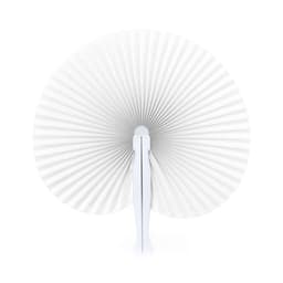 A decorative fan in a delicate white design, featuring a folded pleated pattern and a sturdy handle.