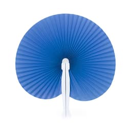 A decorative fan in blue with a pleated design and a white handle, suitable for events and exhibitions.