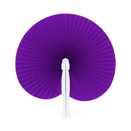 A purple decorative fan with a pleated design and a white handle, suitable for various events.