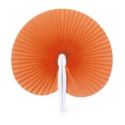 An orange paper fan with a white handle, featuring a pleated design and a circular shape.