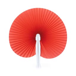 A red paper fan with a white handle, featuring a pleated design.