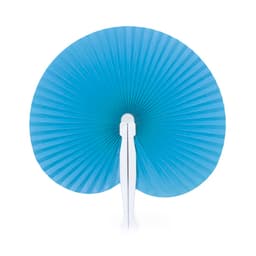 A blue paper fan with pleated design and a white handle, suitable for events and exhibitions.