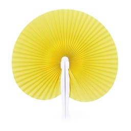 A yellow paper fan with pleated design and a white handle. Suitable for exhibitions and events.