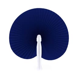 A navy blue folding fan with a white handle, featuring a pleated design.