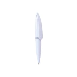 A white ballpoint pen with a sleek design and a clip. It features a branding logo on its surface.