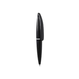 A black pen with a sleek design and a clip, featuring silver accents and a logo.