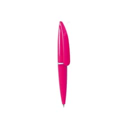A pink pen with a sleek design and a chrome accent, featuring a logo on the side.