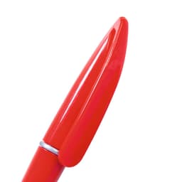 A red pen with a glossy finish and a silver accent on the clip. It features a branding logo.
