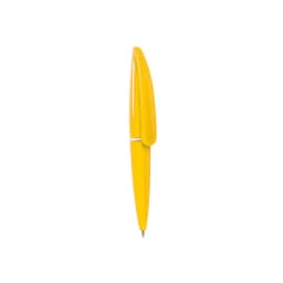 A yellow pen featuring a sleek design and a clip, with a branding logo visible on the surface.
