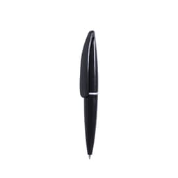 A black ballpoint pen with a sleek design and a silver accent, featuring a clip and a logo.