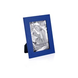 A blue photo frame featuring a black and white image of a couple. The frame has a stand for display.