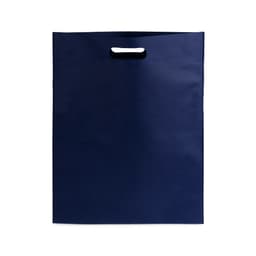 A navy blue bag with a cut-out handle, featuring a simple design. It has a branded logo on the front.