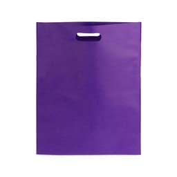 A purple bag with a cut-out handle and a flat design, featuring a simple, smooth surface.