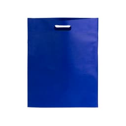A blue promotional bag with a handle and a plain design, featuring a branding logo.