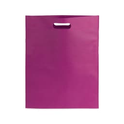 A vibrant purple bag with a handle, featuring a smooth texture and simple design. It has a visible branding logo.
