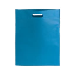 A blue, non-woven bag with a handle, featuring a smooth surface and a simple design.
