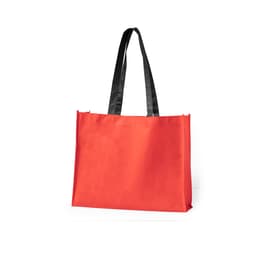 A red tote bag with black handles featuring a logo.