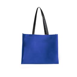 A blue tote bag with black straps and a simple design, featuring a logo.