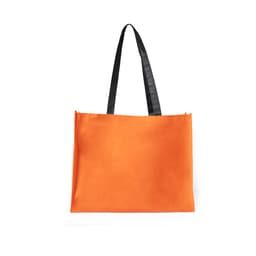 An orange tote bag with black handles and a simple design. It features a logo but no other details.