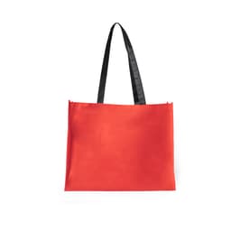 A large red tote bag with black handles, featuring a logo on one side.