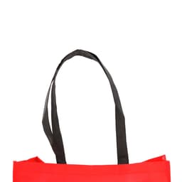 A red tote bag with black handles is displayed, featuring a simple design and a logo on one side.