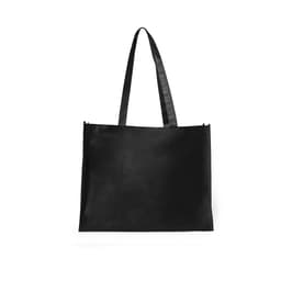 A black tote bag with long handles, featuring a simple design and a logo.