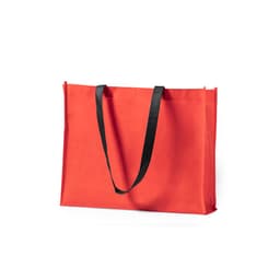 A large red tote bag with black handles, featuring a logo on the front.