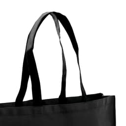 A black tote bag featuring two sturdy handles and a simple design. The bag has a logo on its side.