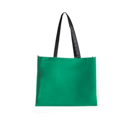 A green tote bag with black handles and a simple design. It features a logo on one side.
