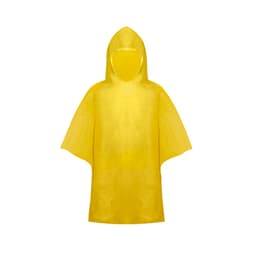 A yellow poncho with a hood, made from a lightweight material, featuring a logo.