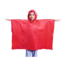 A red poncho with a hood, featuring a loose, wide design, displayed by a person with arms outstretched.