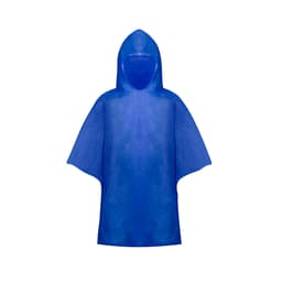 A blue poncho with a hood, featuring a transparent design and a simple silhouette. It has branding on it.