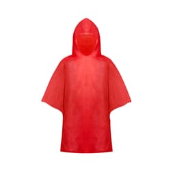 A red poncho with a hood, featuring a simple design. The fabric appears lightweight and flexible.