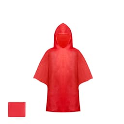 A red poncho with a hood is displayed, accompanied by a matching storage pouch. The poncho has a logo.