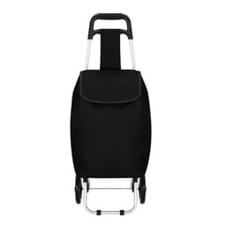 A black shopping trolley with a metal frame and a foldable handle. It features a main compartment and a flap closure.