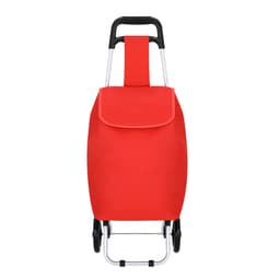 A red trolley bag with a fold-over flap and a metal handle, featuring a logo on the front.